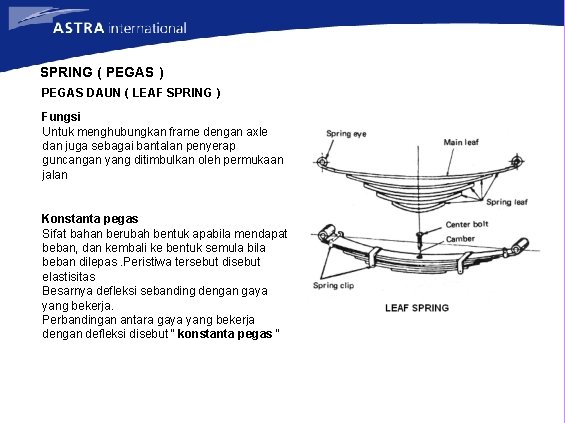 SPRING ( PEGAS ) PEGAS DAUN ( LEAF SPRING ) Fungsi Untuk menghubungkan frame