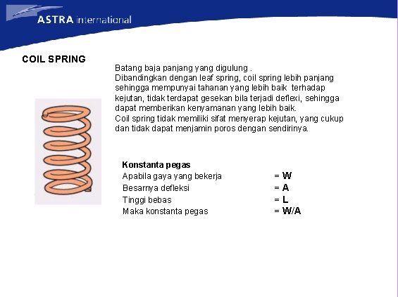 COIL SPRING Batang baja panjang yang digulung. Dibandingkan dengan leaf spring, coil spring lebih