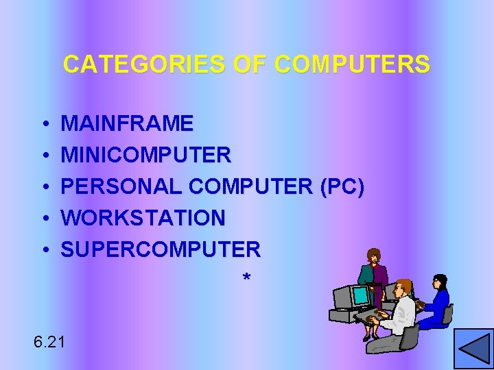 CATEGORIES OF COMPUTERS • • • MAINFRAME MINICOMPUTER PERSONAL COMPUTER (PC) WORKSTATION SUPERCOMPUTER *