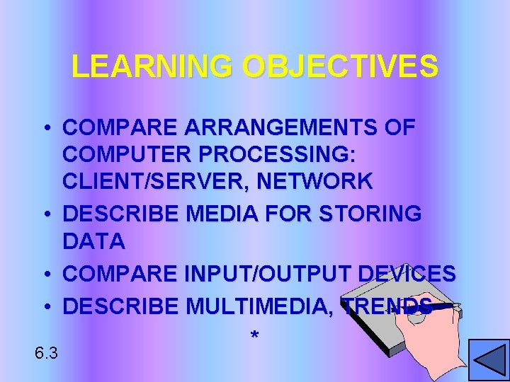 LEARNING OBJECTIVES • COMPARE ARRANGEMENTS OF COMPUTER PROCESSING: CLIENT/SERVER, NETWORK • DESCRIBE MEDIA FOR