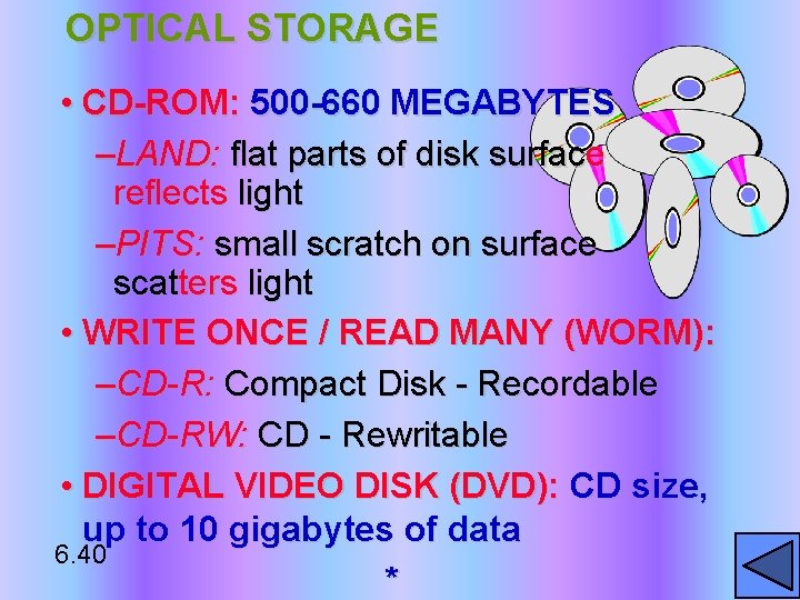 OPTICAL STORAGE • CD-ROM: 500 -660 MEGABYTES –LAND: flat parts of disk surface reflects