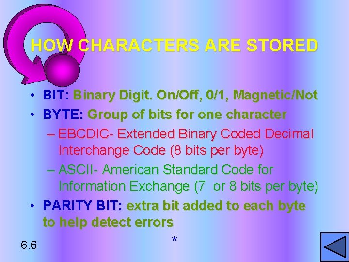 HOW CHARACTERS ARE STORED • BIT: Binary Digit. On/Off, 0/1, Magnetic/Not • BYTE: Group