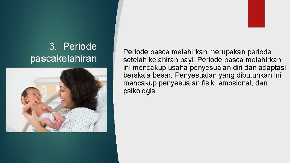 3. Periode pascakelahiran Periode pasca melahirkan merupakan periode setelah kelahiran bayi. Periode pasca melahirkan