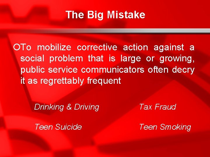 The Big Mistake ¡To mobilize corrective action against a social problem that is large