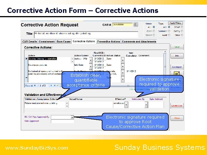 Corrective Action Form – Corrective Actions Establish clear, quantifiable acceptance criteria Electronic signature required