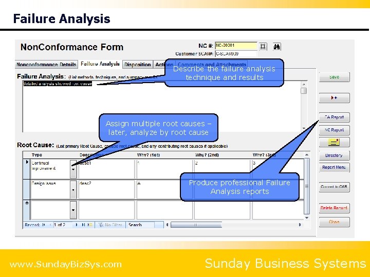 Failure Analysis Describe the failure analysis technique and results Assign multiple root causes –