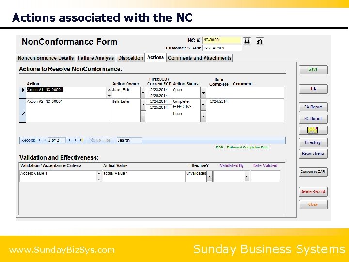 Actions associated with the NC www. Sunday. Biz. Sys. com Sunday Business Systems 