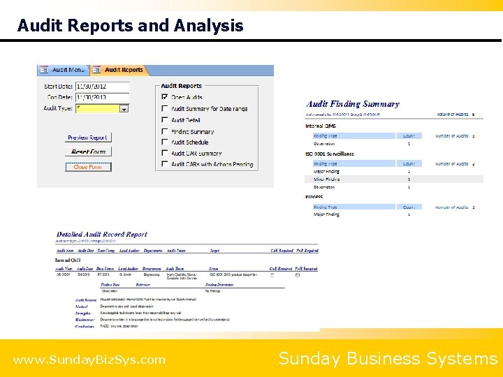 Audit Reports and Analysis www. Sunday. Biz. Sys. com Sunday Business Systems 