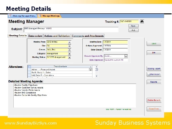 Meeting Details www. Sunday. Biz. Sys. com Sunday Business Systems 