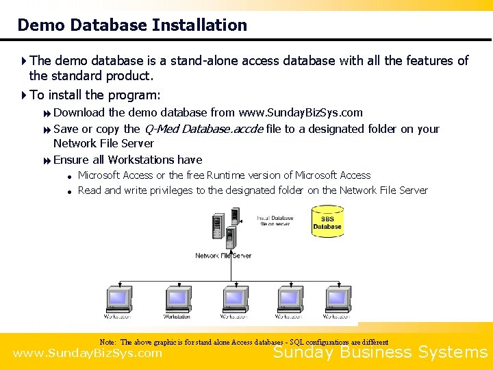 Demo Database Installation 4 The demo database is a stand-alone access database with all