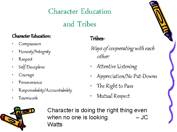 Character Education and Tribes Character Education: • Compassion • Honesty/Integrity • Respect • Self-Discipline