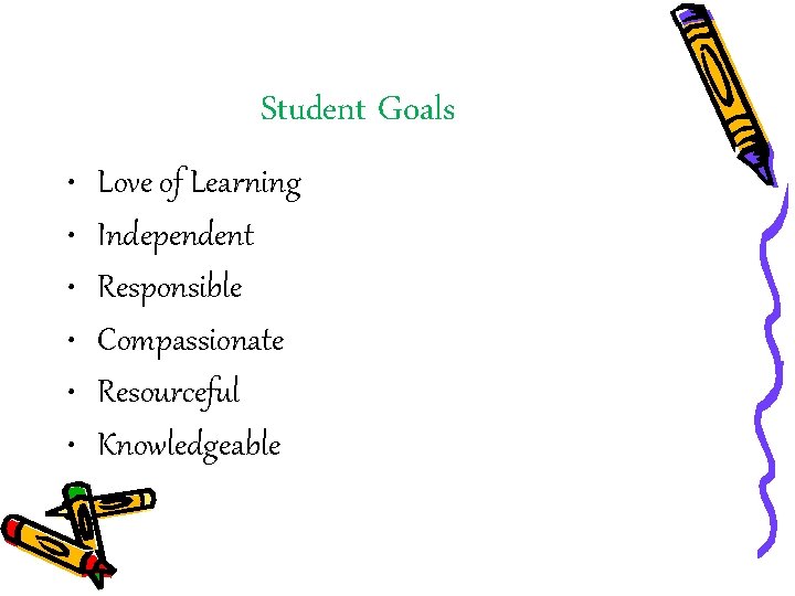 Student Goals • • • Love of Learning Independent Responsible Compassionate Resourceful Knowledgeable 