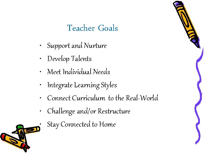 Teacher Goals • • Support and Nurture Develop Talents Meet Individual Needs Integrate Learning