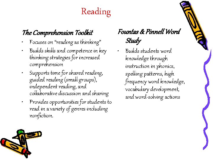 Reading The Comprehension Toolkit Fountas & Pinnell Word Study • Focuses on “reading as