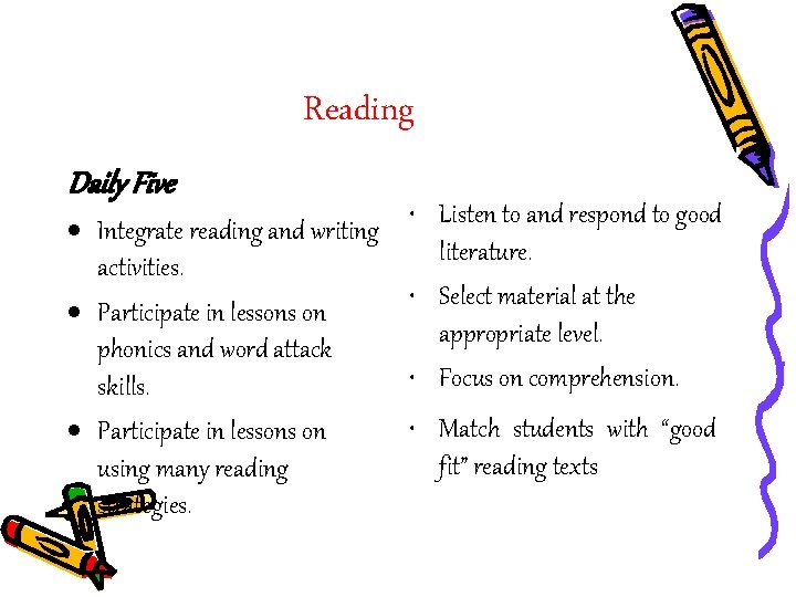 Reading Daily Five • Listen to and respond to good Integrate reading and writing