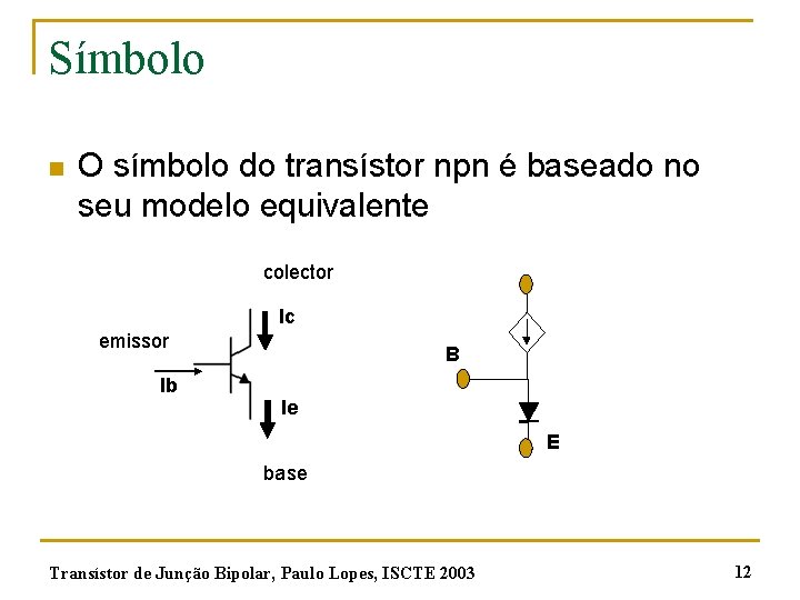 Símbolo n O símbolo do transístor npn é baseado no seu modelo equivalente colector