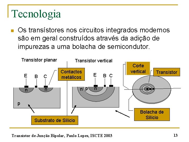 Tecnologia n Os transístores nos circuitos integrados modernos são em geral construídos através da