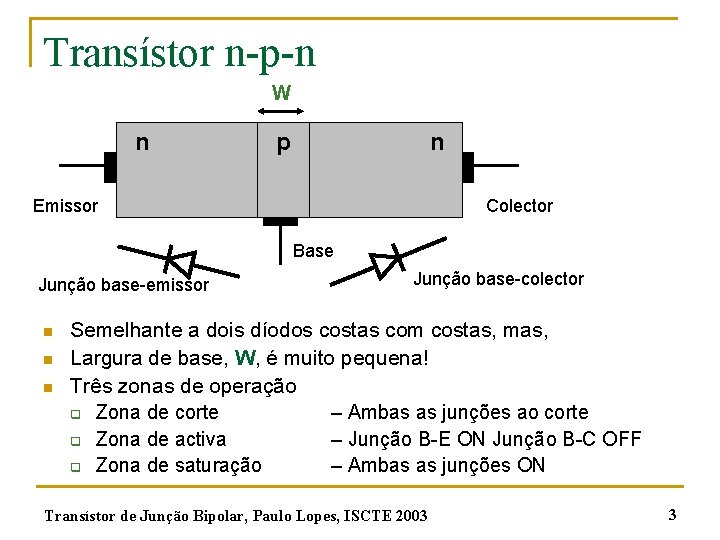 Transístor n-p-n W n p n Emissor Colector Base Junção base-emissor n n n