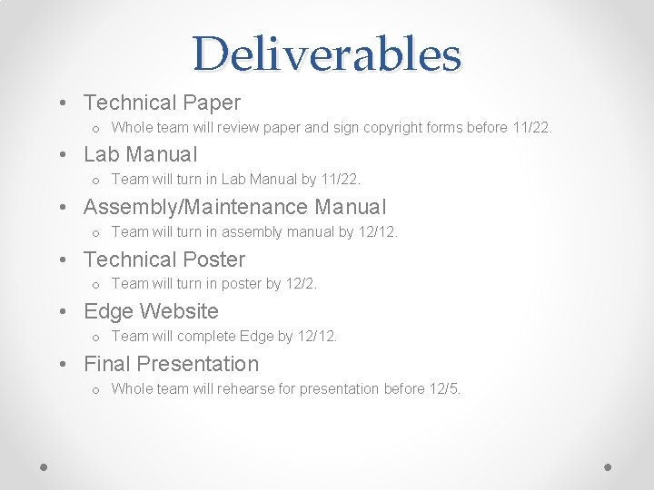 Deliverables • Technical Paper o Whole team will review paper and sign copyright forms