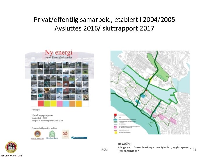 Privat/offentlig samarbeid, etablert i 2004/2005 Avsluttes 2016/ sluttrapport 2017 BSBI Damsgård: Viktige grep: Broen,
