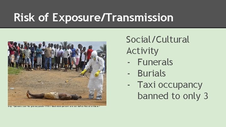 Risk of Exposure/Transmission Social/Cultural Activity - Funerals - Burials - Taxi occupancy banned to