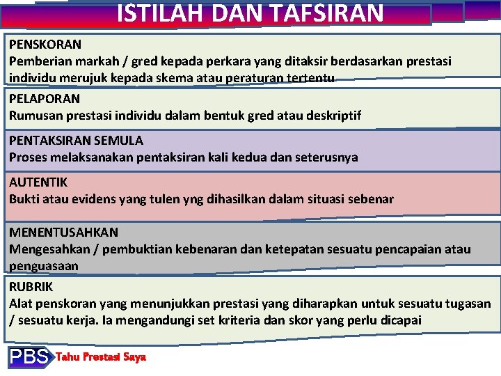 ISTILAH DAN TAFSIRAN PENSKORAN Pemberian markah / gred kepada perkara yang ditaksir berdasarkan prestasi