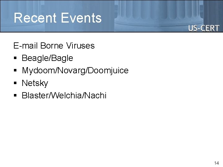 Recent Events E-mail Borne Viruses § Beagle/Bagle § Mydoom/Novarg/Doomjuice § Netsky § Blaster/Welchia/Nachi 14