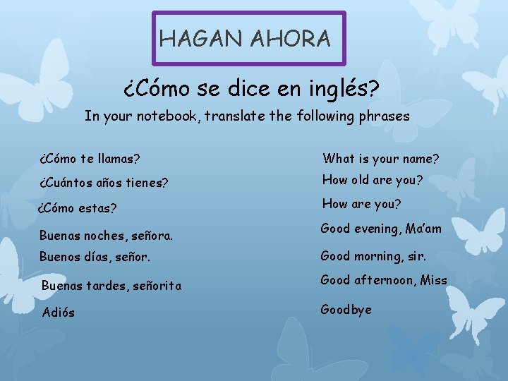 HAGAN AHORA ¿Cómo se dice en inglés? In your notebook, translate the following phrases