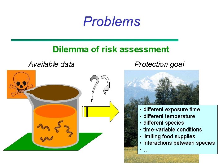 Problems Dilemma of risk assessment Available data Protection goal • different exposure time •