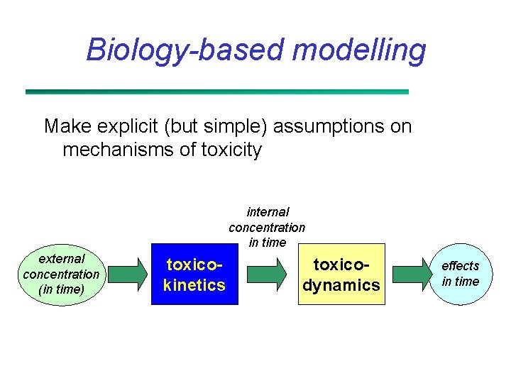 Biology-based modelling Make explicit (but simple) assumptions on mechanisms of toxicity internal concentration in