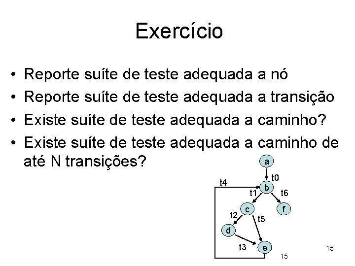 Exercício • • Reporte suíte de teste adequada a nó Reporte suíte de teste