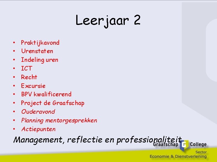 Leerjaar 2 • • • Praktijkavond Urenstaten Indeling uren ICT Recht Excursie BPV kwalificerend