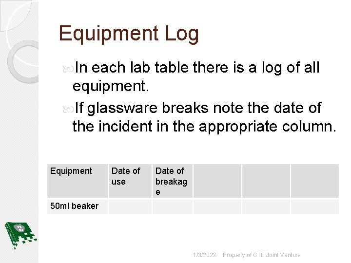 Equipment Log In each lab table there is a log of all equipment. If