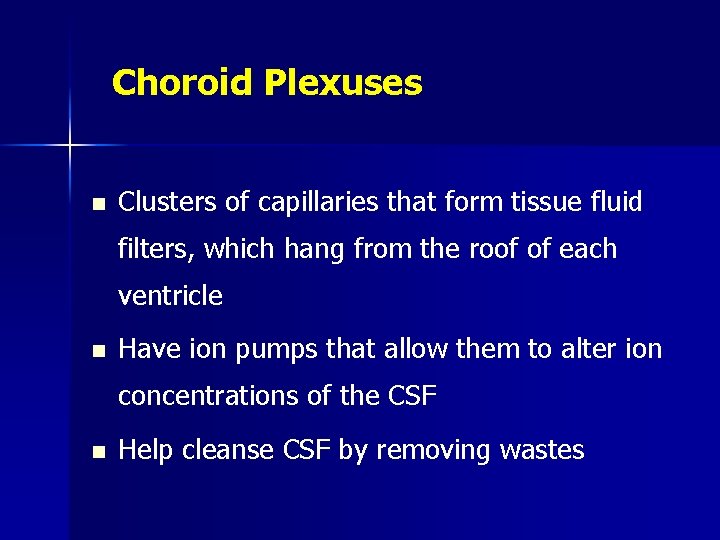 Choroid Plexuses n Clusters of capillaries that form tissue fluid filters, which hang from
