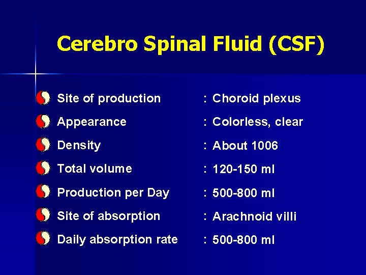 Cerebro Spinal Fluid (CSF) Site of production : Choroid plexus Appearance : Colorless, clear