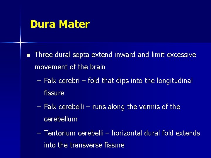 Dura Mater n Three dural septa extend inward and limit excessive movement of the