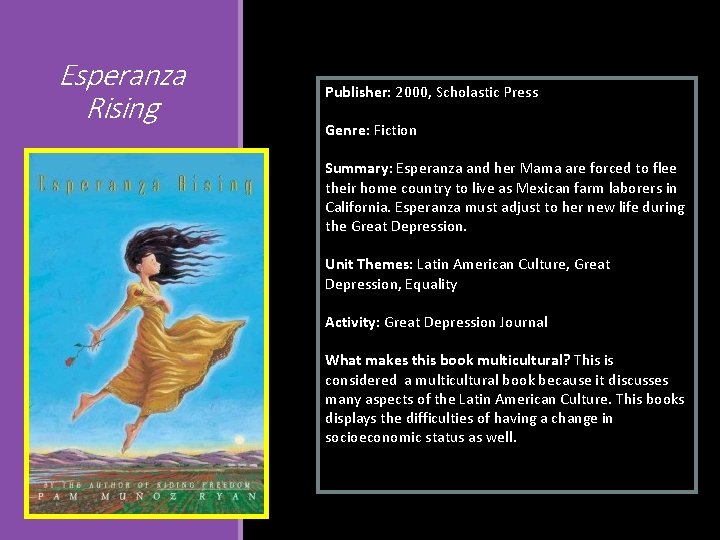 Esperanza Rising Publisher: 2000, Scholastic Press Genre: Fiction Summary: Esperanza and her Mama are