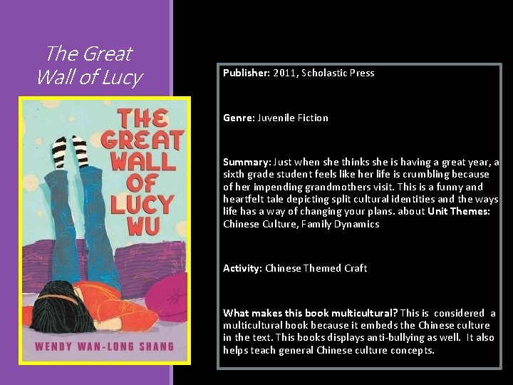 The Great Wall of Lucy Wu Publisher: 2011, Scholastic Press Genre: Juvenile Fiction Summary: