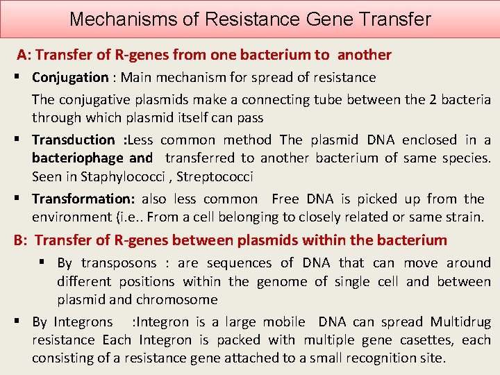 Mechanisms of Resistance Gene Transfer A: Transfer of R-genes from one bacterium to another