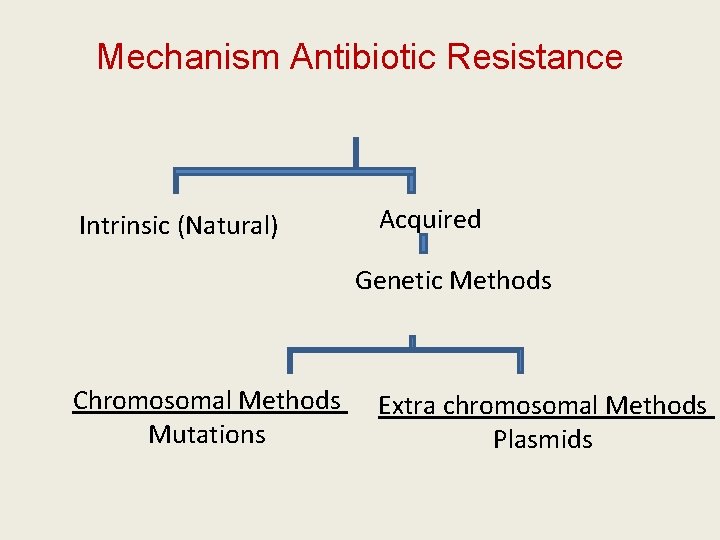 Mechanism Antibiotic Resistance Intrinsic (Natural) Acquired Genetic Methods Chromosomal Methods Mutations Extra chromosomal Methods