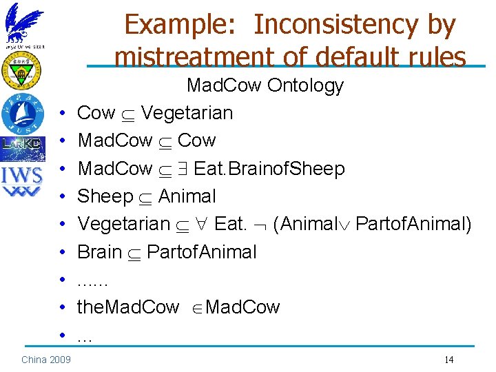 Example: Inconsistency by mistreatment of default rules • • • China 2009 Mad. Cow