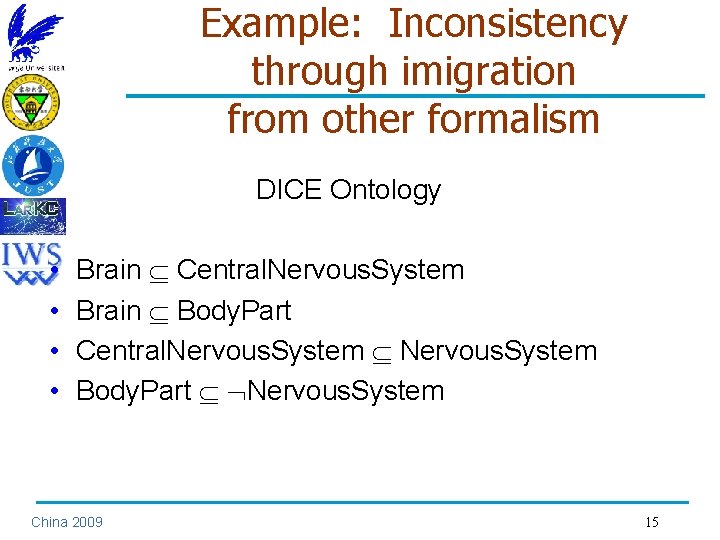 Example: Inconsistency through imigration from other formalism DICE Ontology • • Brain Central. Nervous.