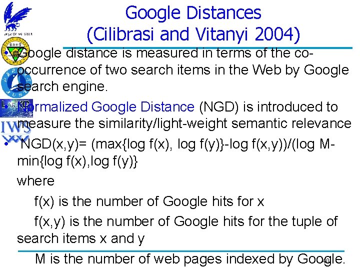 Google Distances (Cilibrasi and Vitanyi 2004) • Google distance is measured in terms of