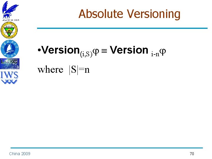 Absolute Versioning • Version(i, S) Version i-n where |S|=n China 2009 70 