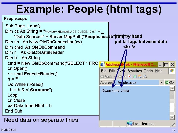 Example: People (html tags) People. aspx Sub Page_Load() Dim cs As String = "Provider=Microsoft.