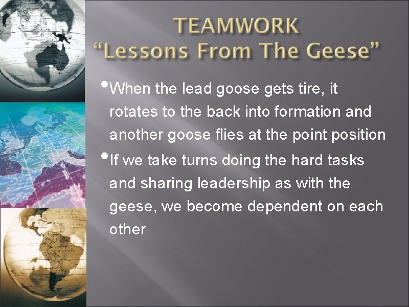  • When the lead goose gets tire, it rotates to the back into