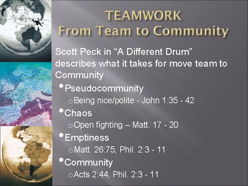 Scott Peck in “A Different Drum” describes what it takes for move team to