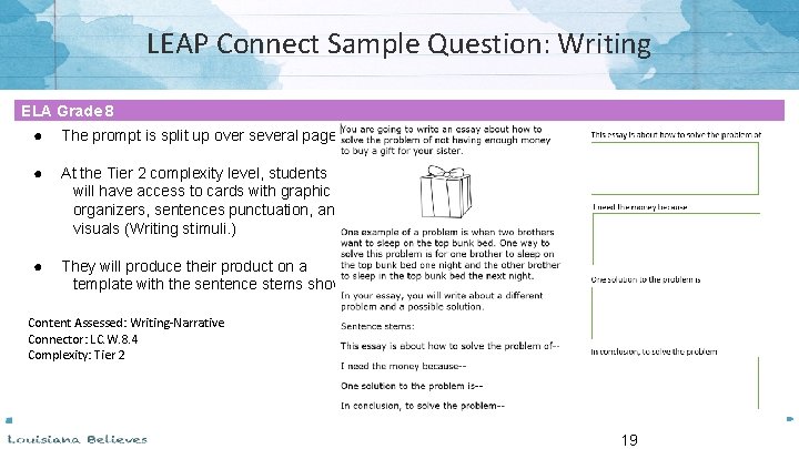 LEAP Connect Sample Question: Writing ELA Grade 8 ● The prompt is split up