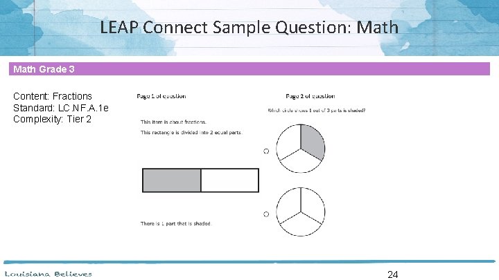 LEAP Connect Sample Question: Math Grade 3 Content: Fractions Standard: LC. NF. A. 1