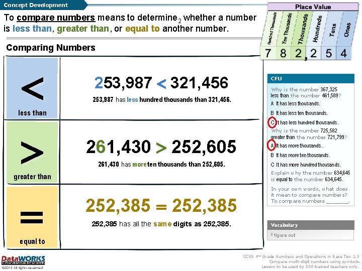 Concept Development To compare numbers means to determine 2 whether a number is less